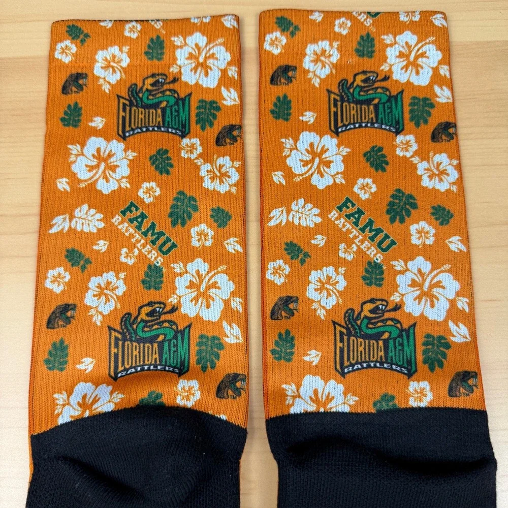 Florida A&M Rattlers FAMU Crew Socks Orange Hibiscus Floral HBCU NCAA